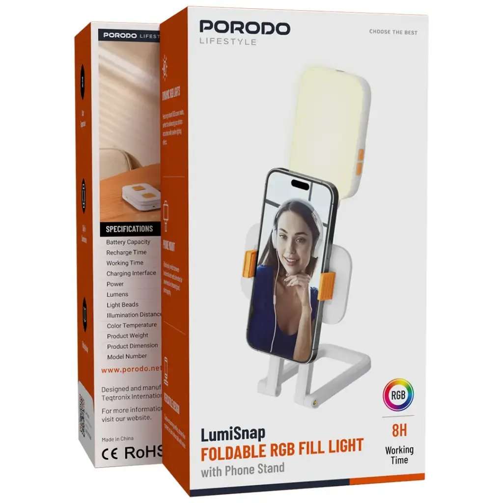 Porodo Lifestyle Portable Ultrathin Pocket Adjustable RGB Fill Light Bracket Phone Holder - Linkphones Center